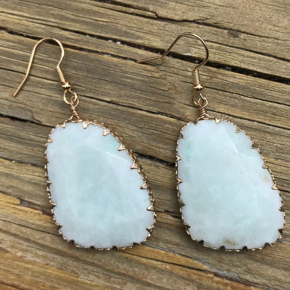 Artisan semiprecious wire wrap pale green-white stone dangle earrings
